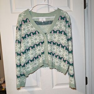 Y2K Cropped Ruffled Hem Butterfly Daisy Retro Cardigan Sweater Spring Flower